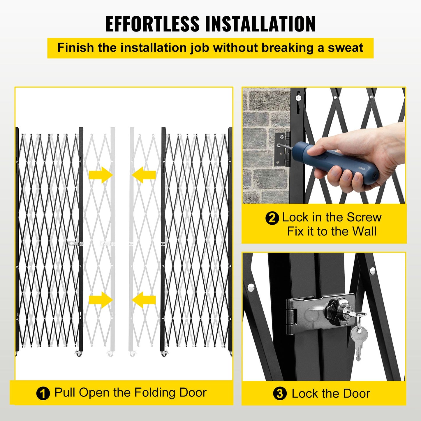 Double Folding Security Gate, 382 × 214 cm(W × H) W Folding Door Gate, Steel Accordion Security Gate, Flexible Expanding Security Gate, 360° Rolling Barricade Gate, Scissor Gate or Door with Keys