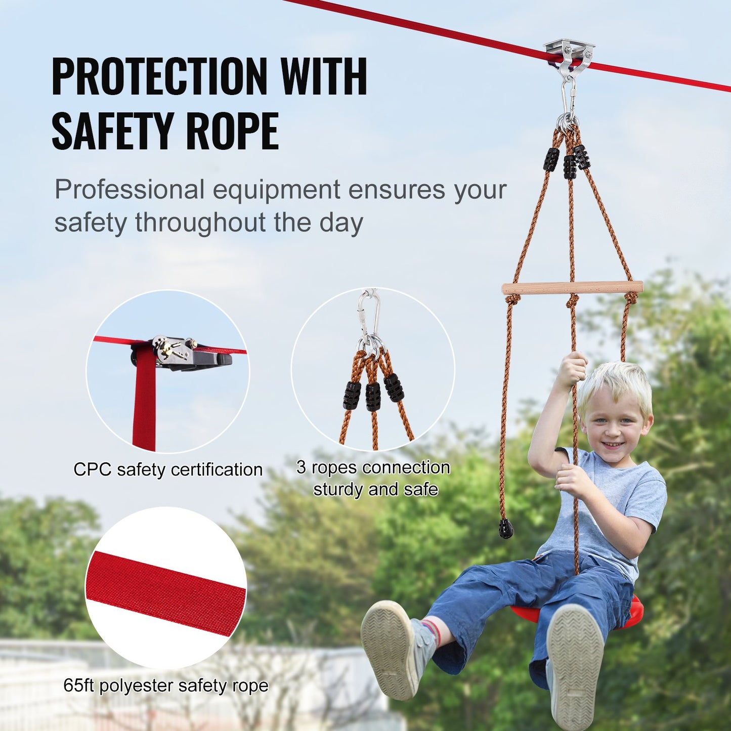 Zipline Kit for Kids and Adult, 65 ft Zip Line Kits Up to 500 lb, Backyard Outdoor Quick Setup Zipline, Playground Entertainment with Zipline, Nylon Safety Harness, Seat, and Handlebar