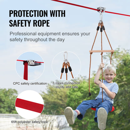 Zipline Kit for Kids and Adult, 65 ft Zip Line Kits Up to 500 lb, Backyard Outdoor Quick Setup Zipline, Playground Entertainment with Zipline, Nylon Safety Harness, Seat, and Handlebar