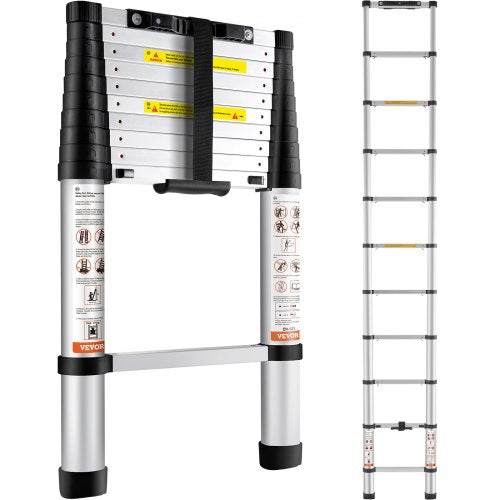 Telescoping Ladder, 320 cm Aluminum One-button Retraction Collapsible Extension Ladder, 170.1 kg Capacity w/ Non-slip Feet, Portable Multi-purpose Compact Ladder for Home, RV, Loft, ANSI Listed