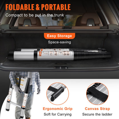 Telescoping Ladder, 320 cm Aluminum One-button Retraction Collapsible Extension Ladder, 170.1 kg Capacity w/ Non-slip Feet, Portable Multi-purpose Compact Ladder for Home, RV, Loft, ANSI Listed