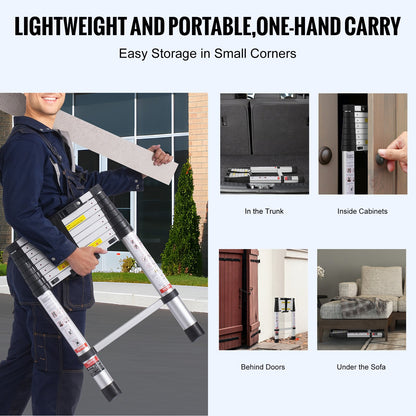 Telescoping Ladder, 8.5FT Aluminum Lightweight Extension Ladder, One-button Retraction Collapsible Ladder, 375 LBS Capacity with Non-slip Feet, Portable Compact Ladders for Home, RV, Loft