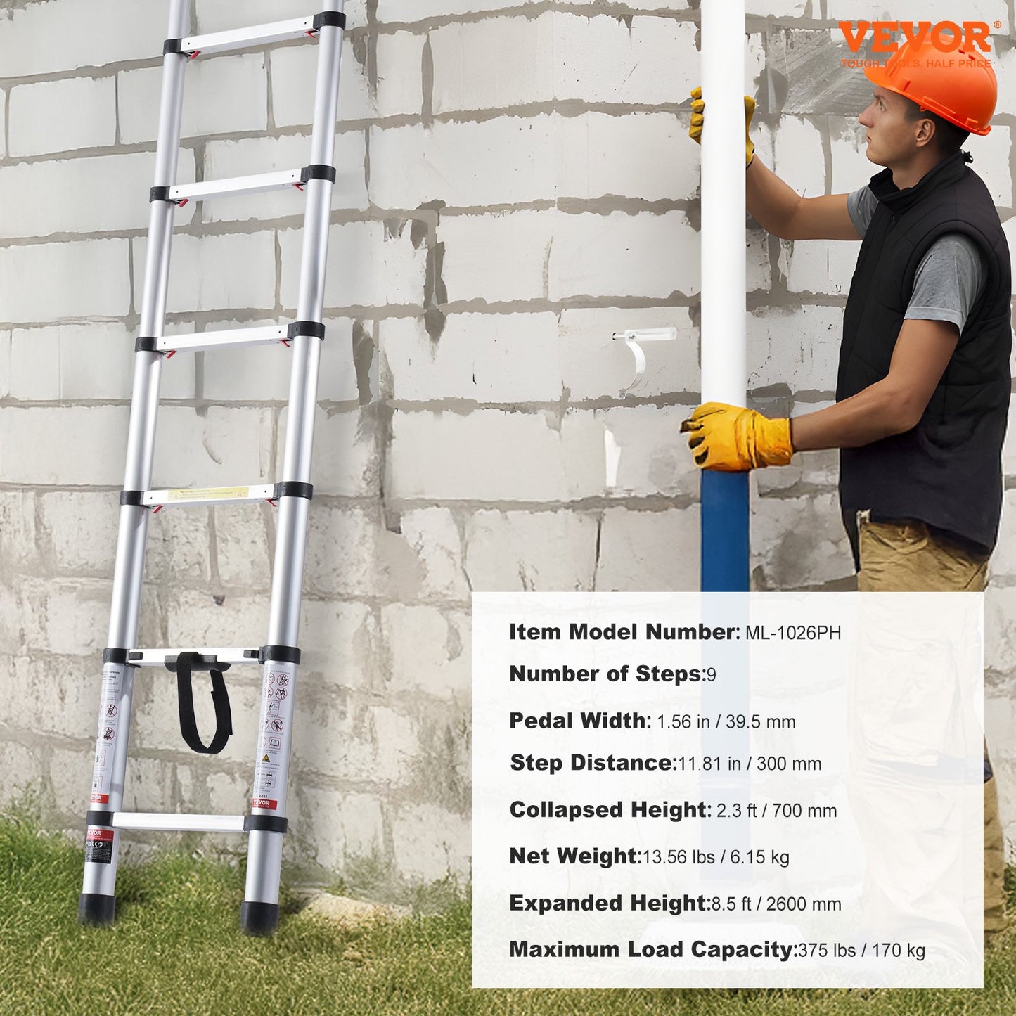 Telescoping Ladder, 8.5FT Aluminum Lightweight Extension Ladder, One-button Retraction Collapsible Ladder, 375 LBS Capacity with Non-slip Feet, Portable Compact Ladders for Home, RV, Loft