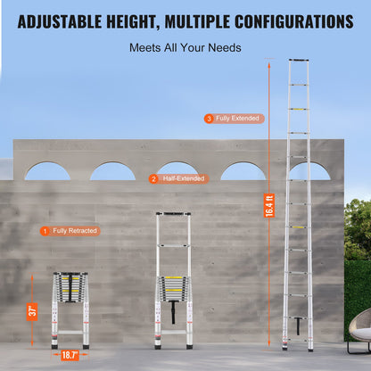 Telescoping Ladder, 16.5FT Aluminum Lightweight Extension Ladder, Multi-button Retraction Collapsible Ladder, 419 LBS Capacity with Non-slip Feet, Portable Compact Ladders for Home, RV, Loft