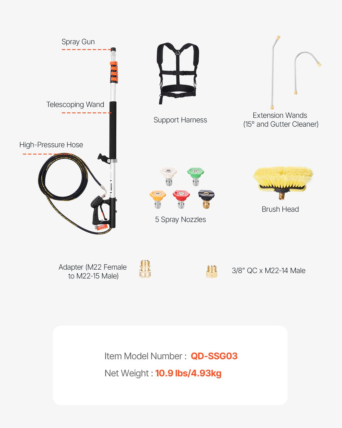 Pressure Washer Telescoping Wand, 18 ft, 4000 psi, Telescopic Spray Wand with Power Washer Extension Wands, Gutter Cleaner, Brush Head, 5 Spray Nozzle Tips, Adapter and Adjustable Support Belt