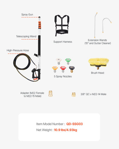Pressure Washer Telescoping Wand, 18 ft, 4000 psi, Telescopic Spray Wand with Power Washer Extension Wands, Gutter Cleaner, Brush Head, 5 Spray Nozzle Tips, Adapter and Adjustable Support Belt