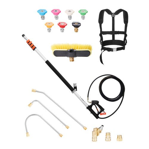 Pressure Washer Telescoping Wand, 24 ft, 4000 psi, Telescopic Spray Wand with Power Washer Extension Wands, Gutter Cleaner, Brush Head, Pivoting Coupler, 7 Spray Nozzles and Support Harness