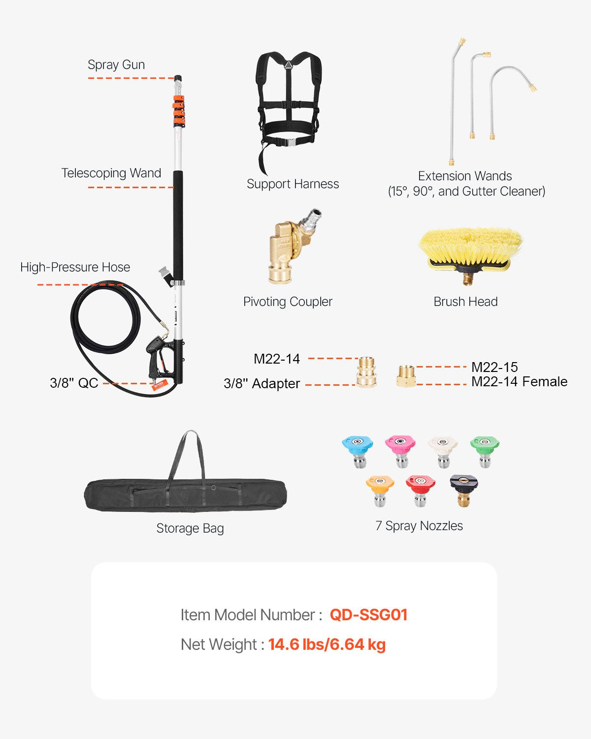Pressure Washer Telescoping Wand, 24 ft, 4000 psi, Telescopic Spray Wand with Power Washer Extension Wands, Gutter Cleaner, Brush Head, Pivoting Coupler, 7 Spray Nozzles and Support Harness
