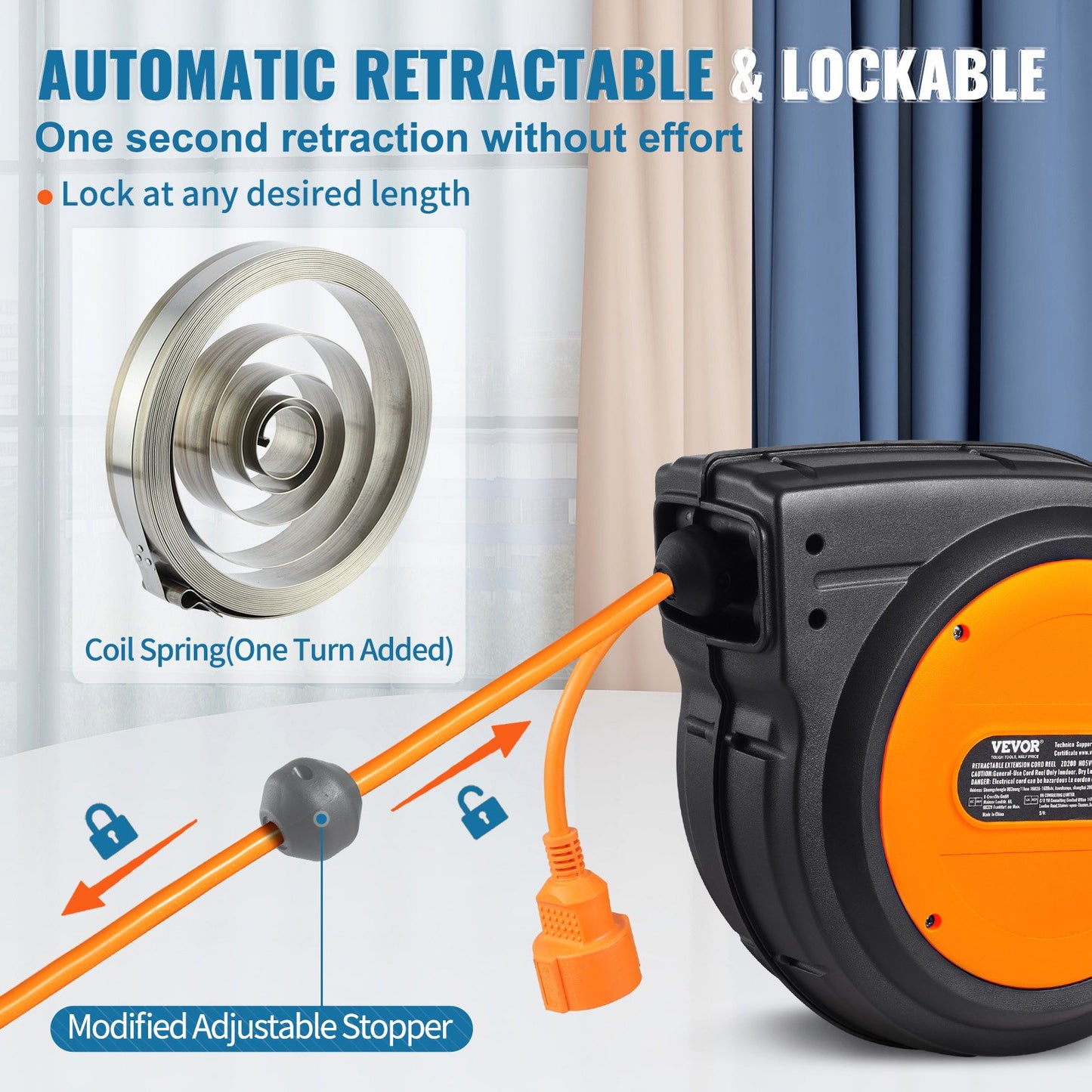 Retractable Extension Cord Reel, 62.33 ft/19 m, 1600W Heavy Duty Retractable Power Cord with 3.28 ft/1 m Lead-in Cord Overheat Protection PP Shell, 180° Swivel Bracket for Ceiling or Wall Mount