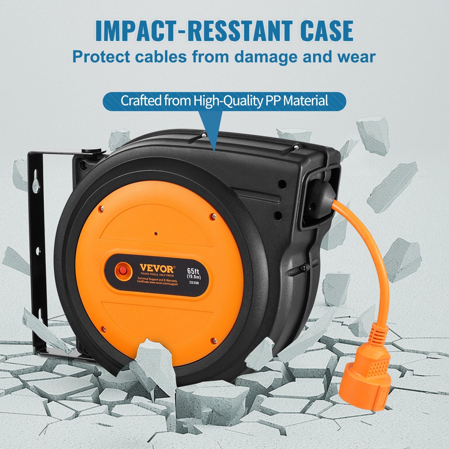 Retractable Extension Cord Reel, 62.33 ft/19 m, 1600W Heavy Duty Retractable Power Cord with 3.28 ft/1 m Lead-in Cord Overheat Protection PP Shell, 180° Swivel Bracket for Ceiling or Wall Mount