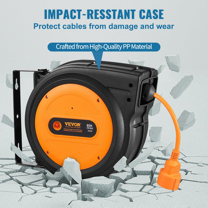 Retractable Extension Cord Reel, 62.33 ft/19 m, 1600W Heavy Duty Retractable Power Cord with 3.28 ft/1 m Lead-in Cord Overheat Protection PP Shell, 180° Swivel Bracket for Ceiling or Wall Mount