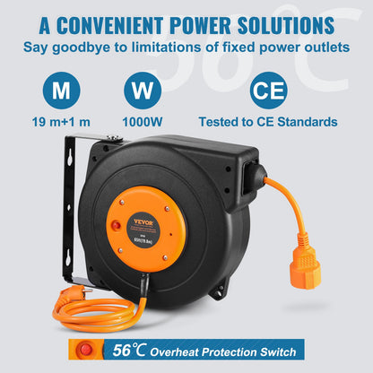 Retractable Extension Cord Reel, 62.33 ft/19 m, 1000W Heavy Duty Retractable Power Cord with 3.28 ft/1 m Lead-in Cord Overheat Protection PP Shell, 180° Swivel Bracket for Ceiling or Wall Mount