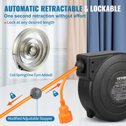 Retractable Extension Cord Reel, 62.33 ft/19 m, 1000W Heavy Duty Retractable Power Cord with 3.28 ft/1 m Lead-in Cord Overheat Protection PP Shell, 180° Swivel Bracket for Ceiling or Wall Mount