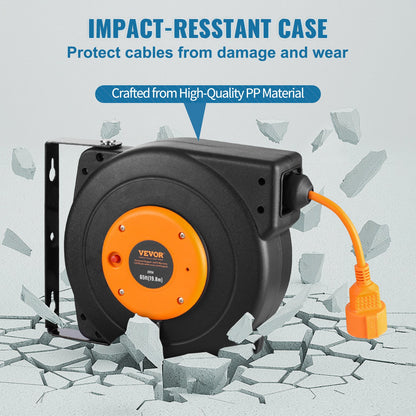 Retractable Extension Cord Reel, 62.33 ft/19 m, 1000W Heavy Duty Retractable Power Cord with 3.28 ft/1 m Lead-in Cord Overheat Protection PP Shell, 180° Swivel Bracket for Ceiling or Wall Mount