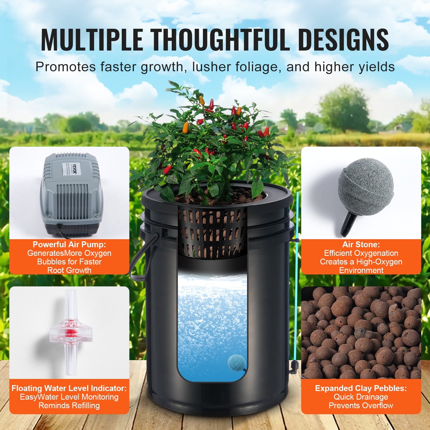 DWC Hydroponics Grow System, hydroponiskt odlingssystem med toppdroppskit, djupvattenkultur, 5-gallon, 4 hinkar, med luftpump, luftstenar och vattennivåanordning för bladgrönsaker