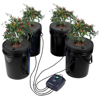 DWC hydroponiskt odlingssystem, hydroponiskt odlingssystem, djupvattenkultur, 5-gallon, 4 hinkar, DWC-system med luftpump, luftstenar och vattennivåanordning för bladgrönsaker