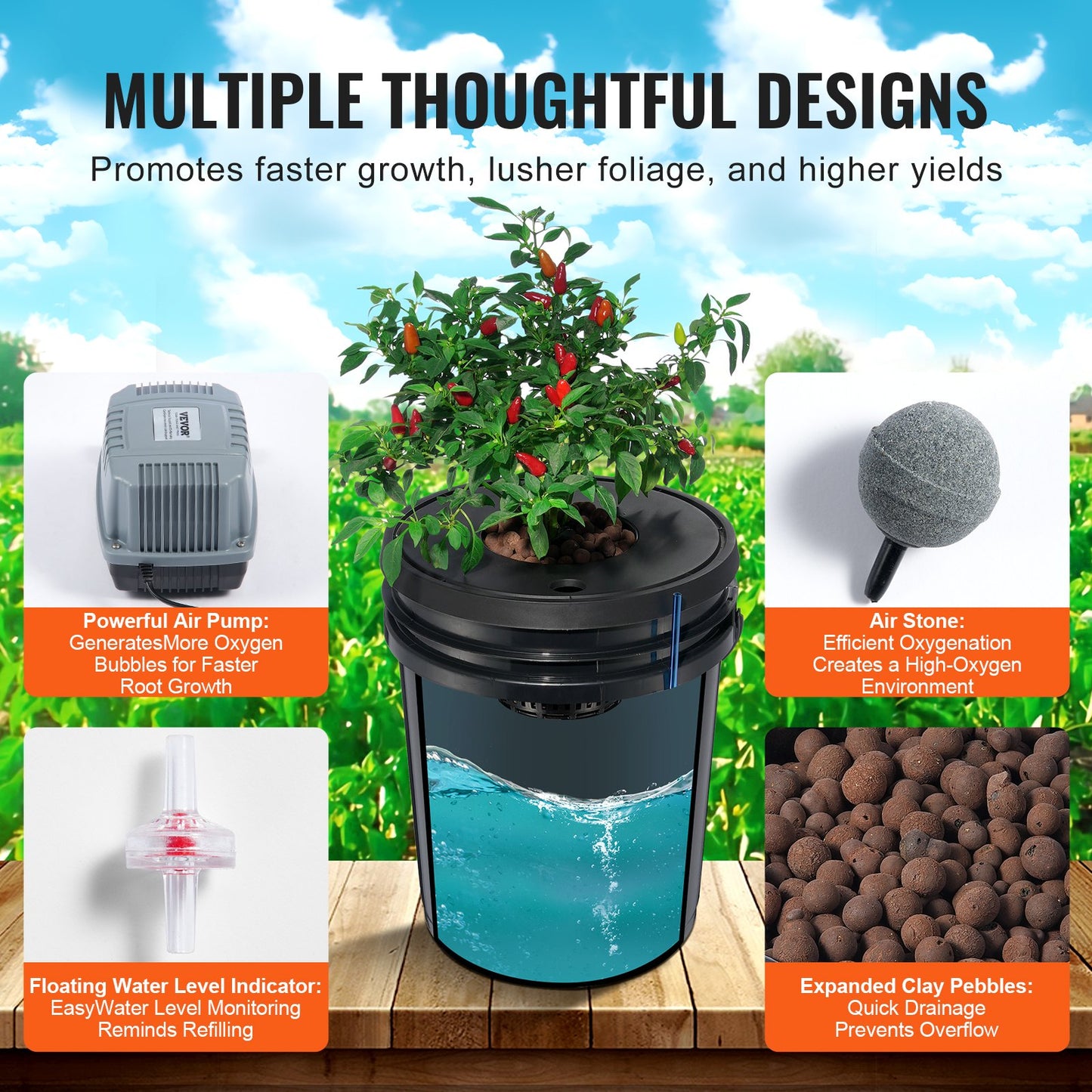 DWC Hydroponics Grow System, Hydroponic Growing System, Deep Water Culture 5-Gallon 8 Buckets, DWC System with Air Pump, Air Stones and Water Level Device for Leafy Vegetables
