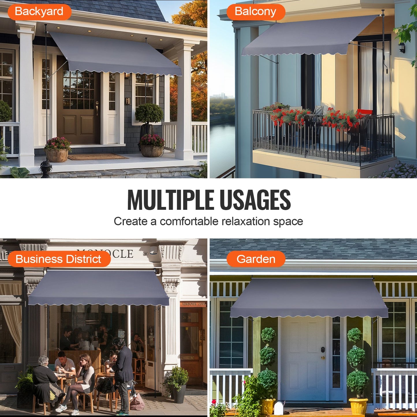 138 x 47" utdragbar markis, markis med manuell vev, solskydd för utomhusbruk, justerbar höjd från 86 till 122 tum, för uteplats/balkong/trädgård, mörkgrå