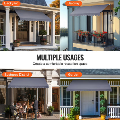 138 x 47" utdragbar markis, markis med manuell vev, solskydd för utomhusbruk, justerbar höjd från 86 till 122 tum, för uteplats/balkong/trädgård, mörkgrå