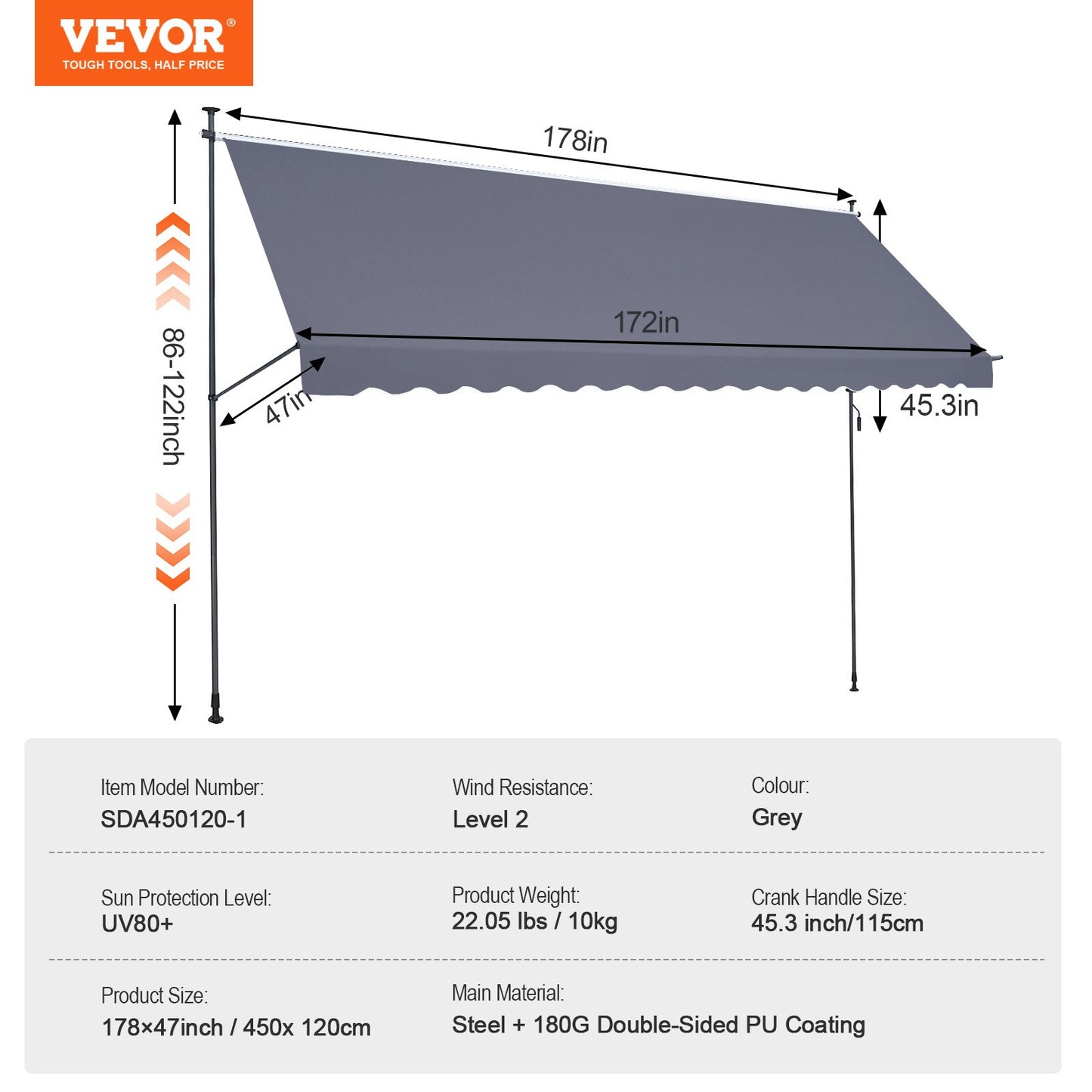 178 x 47" Patio Awning Retractable, Awning Sunshade Shelter with Manual Crank Handle, Outdoor Patio Canopy Sunsetter Deck, Adjustable Height from 86 to 122 in, for Patio/Balcony/Yard, Dark Gray