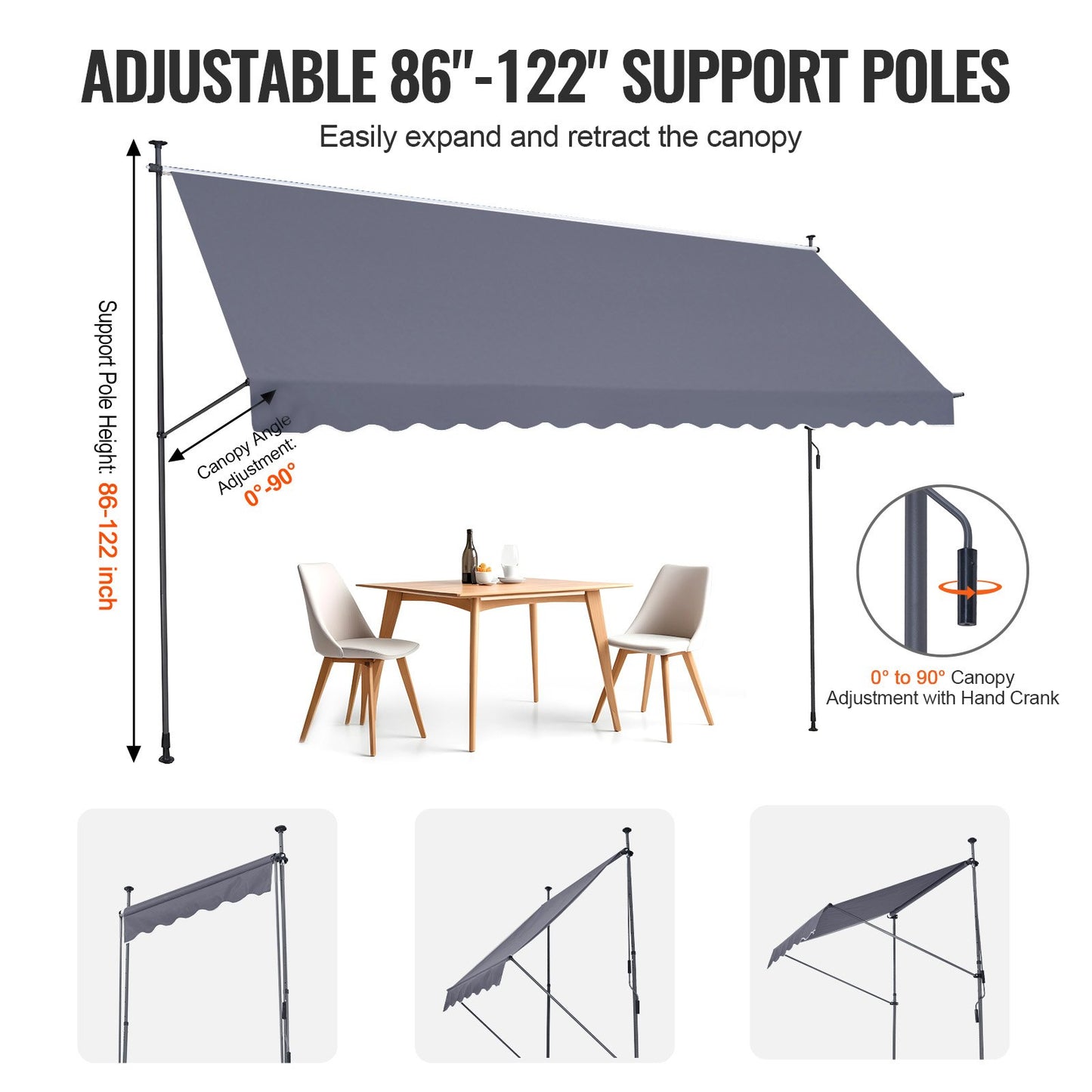 178 x 47" Patio Awning Retractable, Awning Sunshade Shelter with Manual Crank Handle, Outdoor Patio Canopy Sunsetter Deck, Adjustable Height from 86 to 122 in, for Patio/Balcony/Yard, Dark Gray