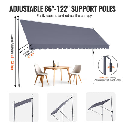 178 x 47" Patio Awning Retractable, Awning Sunshade Shelter with Manual Crank Handle, Outdoor Patio Canopy Sunsetter Deck, Adjustable Height from 86 to 122 in, for Patio/Balcony/Yard, Dark Gray