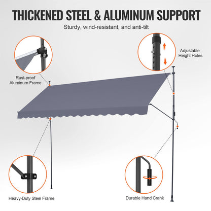 157 x 47" utdragbar markis, markis med manuell vev, solskydd för utomhusbruk, justerbar höjd från 86 till 122 tum, för uteplats/balkong/trädgård, mörkgrå