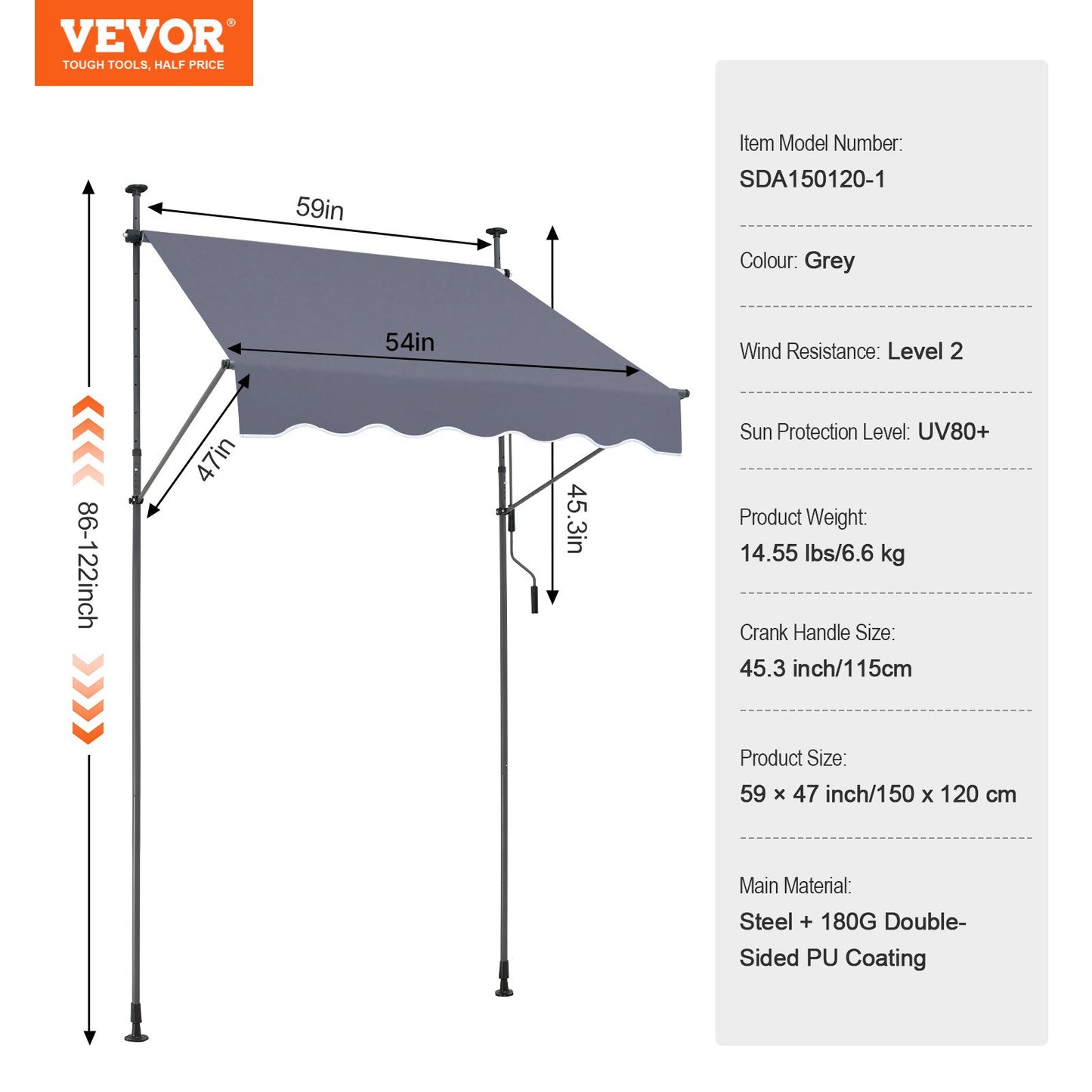 59 x 47" Patio Awning Retractable, Awning Sunshade Shelter with Manual Crank Handle, Outdoor Patio Canopy Sunsetter Deck, Adjustable Height from 86 to 122 in, for Patio/Balcony/Yard, Dark Gray