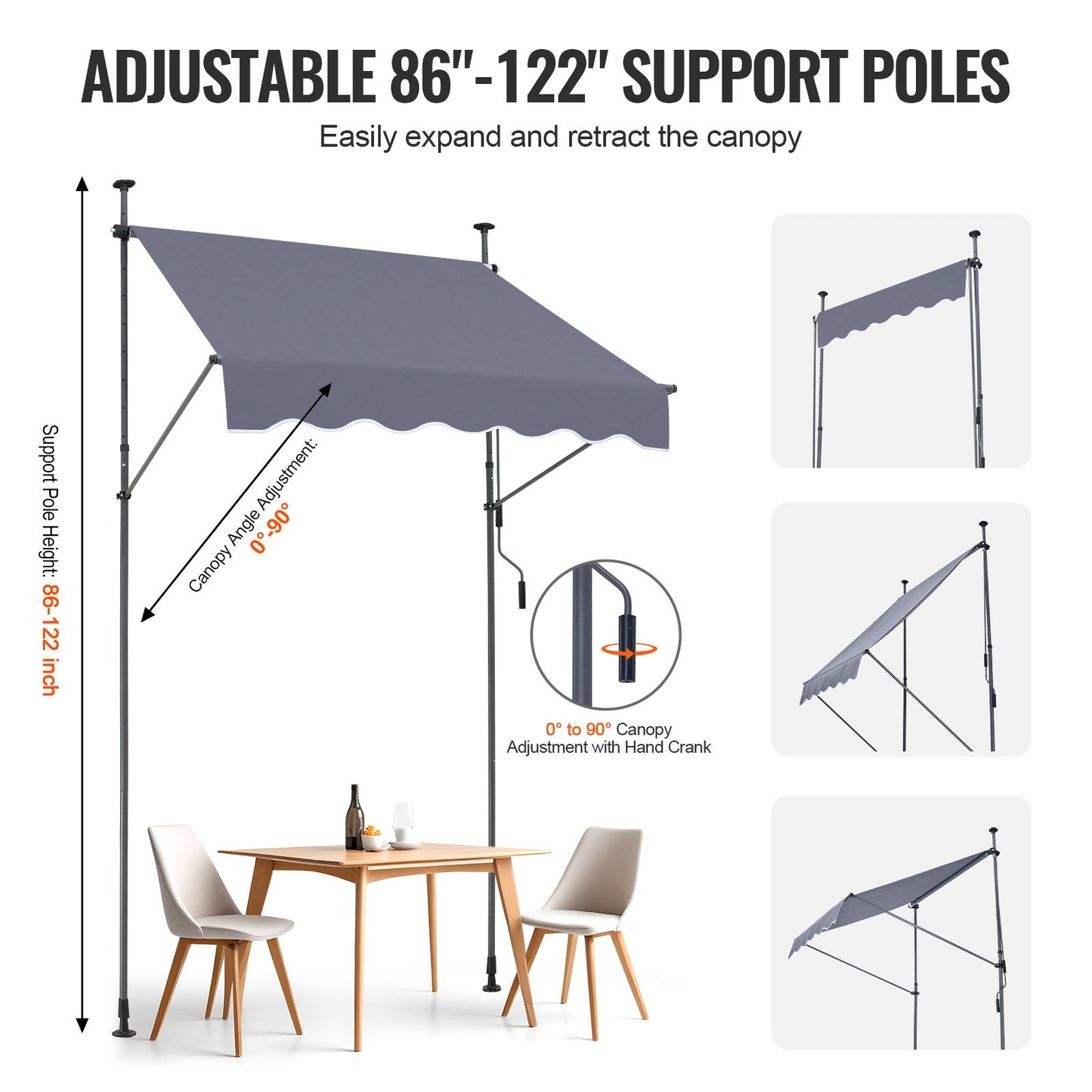 59 x 47" Patio Awning Retractable, Awning Sunshade Shelter with Manual Crank Handle, Outdoor Patio Canopy Sunsetter Deck, Adjustable Height from 86 to 122 in, for Patio/Balcony/Yard, Dark Gray