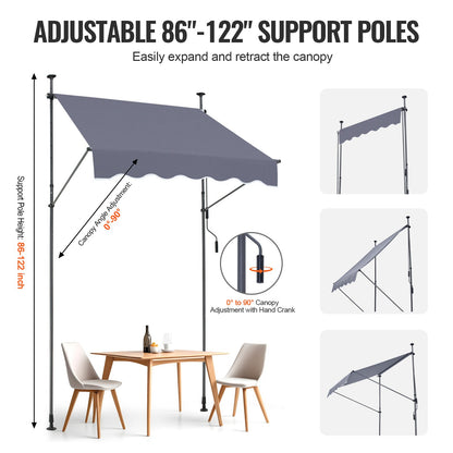 59 x 47" Patio Awning Retractable, Awning Sunshade Shelter with Manual Crank Handle, Outdoor Patio Canopy Sunsetter Deck, Adjustable Height from 86 to 122 in, for Patio/Balcony/Yard, Dark Gray