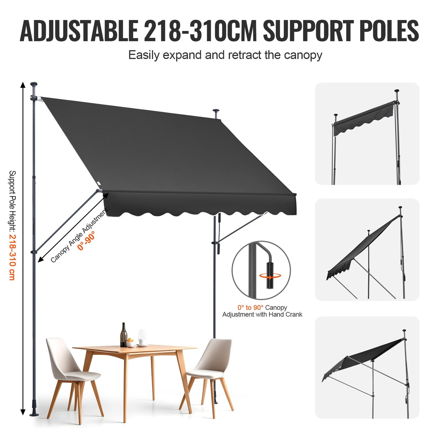98 x 47" Patio Awning Retractable, Awning Sunshade Shelter with Manual Crank Handle, Outdoor Patio Canopy Sunsetter Deck, Adjustable Height from 86 to 122 in, for Patio/Balcony/Yard, Black