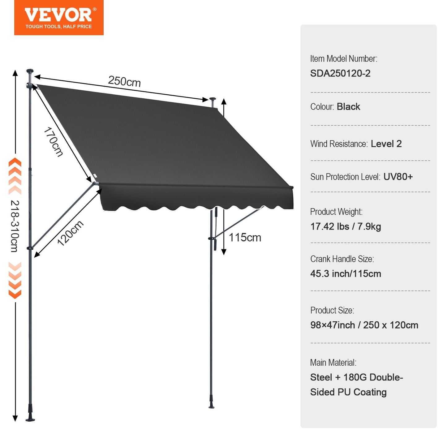 98 x 47" Patio Awning Retractable, Awning Sunshade Shelter with Manual Crank Handle, Outdoor Patio Canopy Sunsetter Deck, Adjustable Height from 86 to 122 in, for Patio/Balcony/Yard, Black