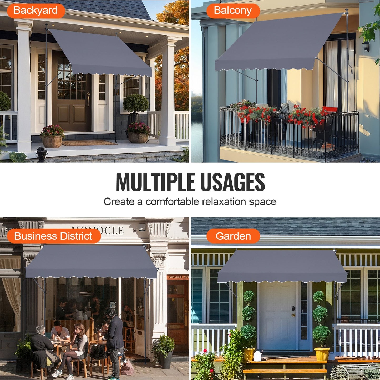 98 x 47" Patio Awning Retractable, Awning Sunshade Shelter with Manual Crank Handle, Outdoor Patio Canopy Sunsetter Deck, Adjustable Height from 86 to 122 in, for Patio/Balcony/Yard, Dark Gray