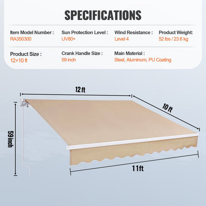 Manual Retractable Awning, 12 x 10 ft Outdoor Patio Awning Retractable Sun Shade, Water-Resistant Polyester Patio Door Window Awning Sunshade Shelter with Crank Handle for Backyard, Balcony