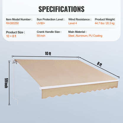 Manual Retractable Awning, 10 x 8 ft Outdoor Patio Awning Retractable Sun Shade, Water-Resistant Polyester Patio Door Window Awning Sunshade Shelter with Crank Handle for Backyard, Balcony