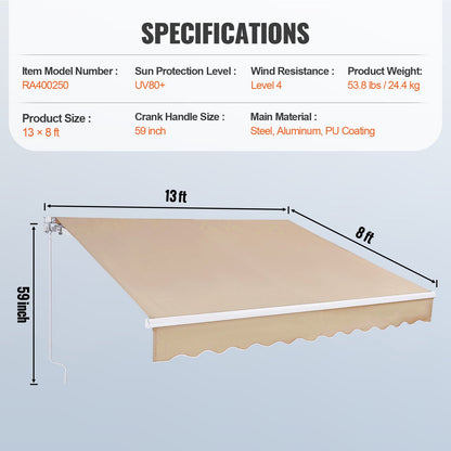 Manual Retractable Awning, 13 x 8 ft Outdoor Patio Awning Retractable Sun Shade, Water-Resistant Polyester Patio Door Window Awning Sunshade Shelter with Crank Handle for Backyard, Balcony