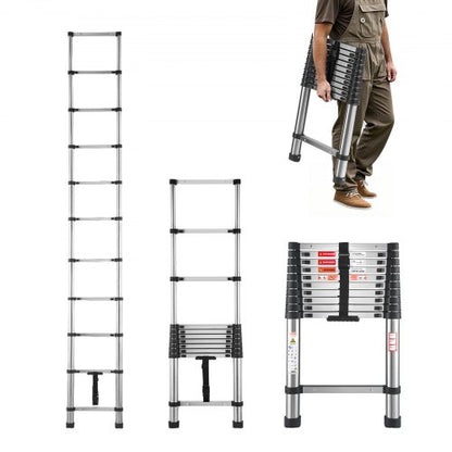 Telescoping Ladder, 3140mm Stainless Steel Lightweight Extension Ladder, Multi-Button Retraction Collapsible Ladders, 150 kg Capacity & Non-Slip Feet, Portable 11-Step Ladders for Home RV Loft
