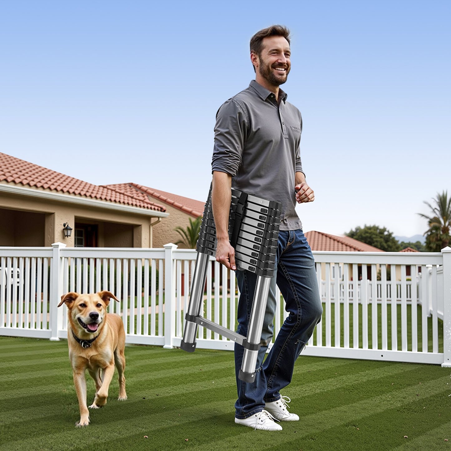 Teleskopstege, 3140 mm lätt förlängningsstege i rostfritt stål, hopfällbar stege med flera knappar, 150 kg kapacitet och halkfria fötter, bärbar stege med 11 steg för husbilsloft