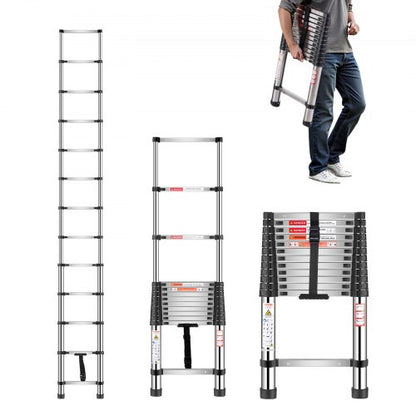 Telescoping Ladder, 3740mm Stainless Steel Lightweight Extension Ladder, Multi-Button Retraction Collapsible Ladders, 150 kg Capacity & Non-Slip Feet, Portable 13-Step Ladders for Home RV Loft