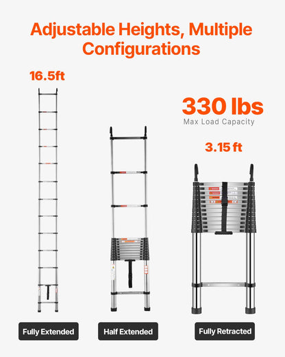 Teleskopstege, 50-30 mm lätt förlängningsstege i rostfritt stål, hopfällbar stege med flera knappar, 150 kg kapacitet och halkfria fötter, bärbar stege med 13 steg för husbilsloft