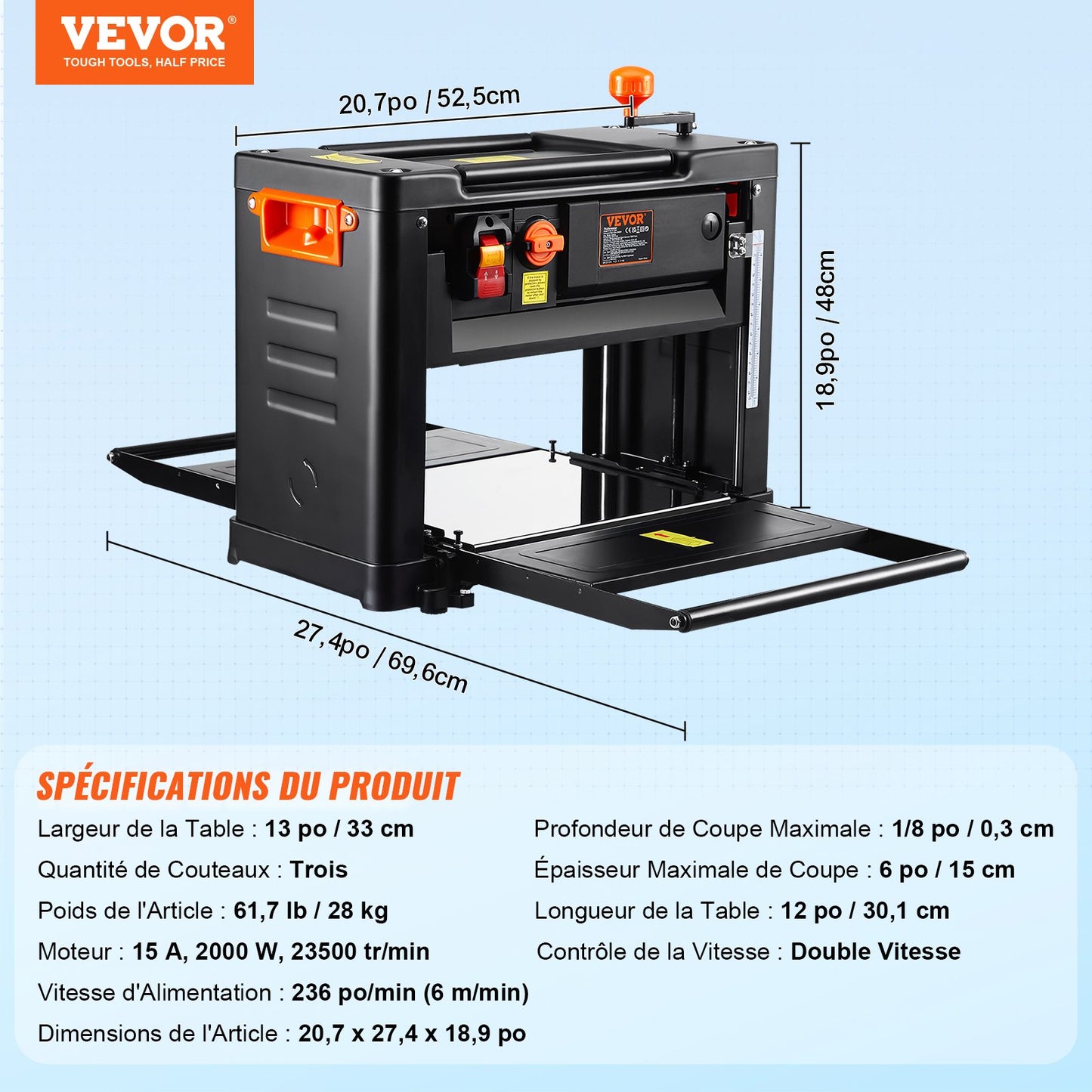 Thickness Planer, Two Speed, 33 cm Width Worktable Benchtop Planer, Three-Blade, 15-Amp 2000W Powerful Motor, 30.5 cm Extended Infeeding Table, Low Noise for both hard & soft wood material removal