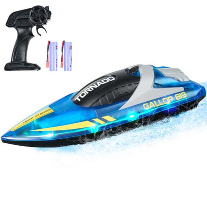 RC Boat, 2.4GHz 12 km/h, Remote Control Boat for Pools & Lakes, Racing Boat with LED Light, 2 Rechargeable Batteries, Whole Body Waterproof, Water Play Toy Gift for Adults Boys & Girls, Blue