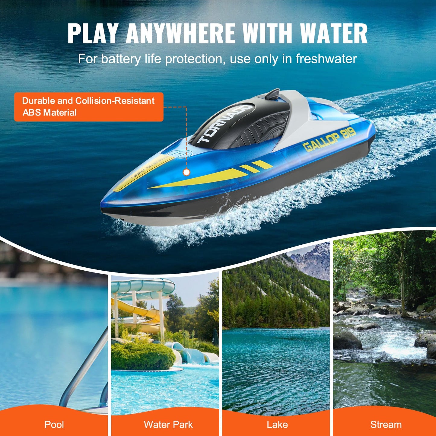 RC Boat, 2.4GHz 12 km/h, Remote Control Boat for Pools & Lakes, Racing Boat with LED Light, 2 Rechargeable Batteries, Whole Body Waterproof, Water Play Toy Gift for Adults Boys & Girls, Blue