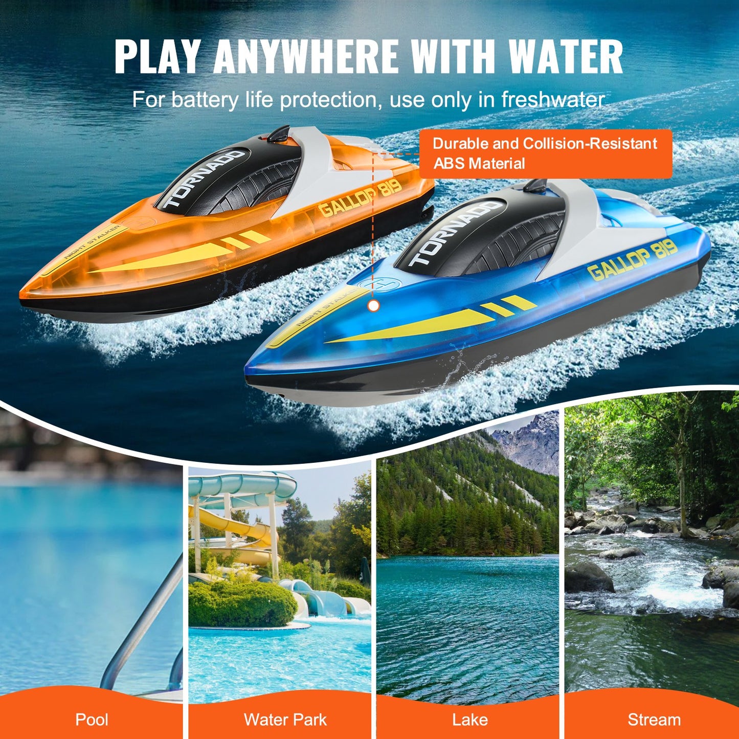 RC Boat, 2 Pack 2.4GHz 12 km/h, Remote Control Boat for Pools & Lakes, Racing Boat with LED Light, 4 Rechargeable Batteries, Whole Body Waterproof, Gift for Adults Boys & Girls, Blue & Orange