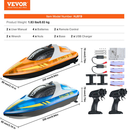 RC Boat, 2 Pack 2.4GHz 12 km/h, Remote Control Boat for Pools & Lakes, Racing Boat with LED Light, 4 Rechargeable Batteries, Whole Body Waterproof, Gift for Adults Boys & Girls, Blue & Orange