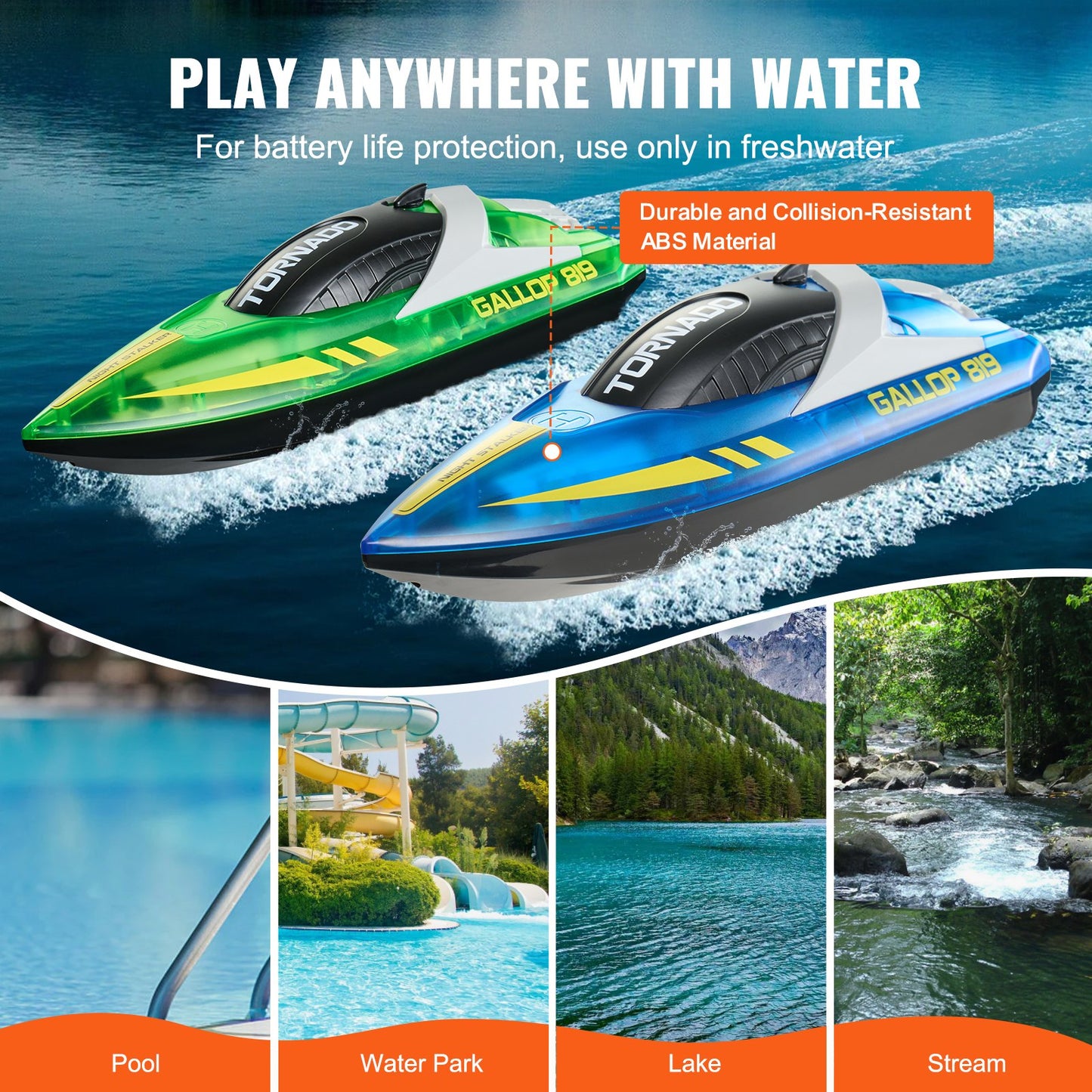 RC Boat, 2 Pack 2.4GHz 12 km/h, Remote Control Boat for Pools & Lakes, Racing Boat with LED Light, 4 Rechargeable Batteries, Whole Body Waterproof, Gift for Adults Boys & Girls, Blue & Green