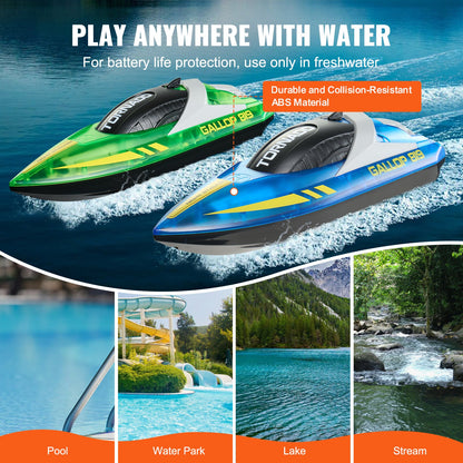 RC Boat, 2 Pack 2.4GHz 12 km/h, Remote Control Boat for Pools & Lakes, Racing Boat with LED Light, 4 Rechargeable Batteries, Whole Body Waterproof, Gift for Adults Boys & Girls, Blue & Green
