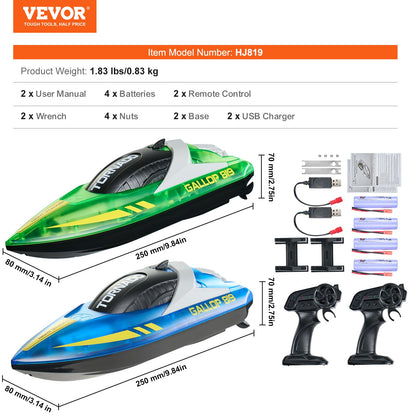 RC Boat, 2 Pack 2.4GHz 12 km/h, Remote Control Boat for Pools & Lakes, Racing Boat with LED Light, 4 Rechargeable Batteries, Whole Body Waterproof, Gift for Adults Boys & Girls, Blue & Green