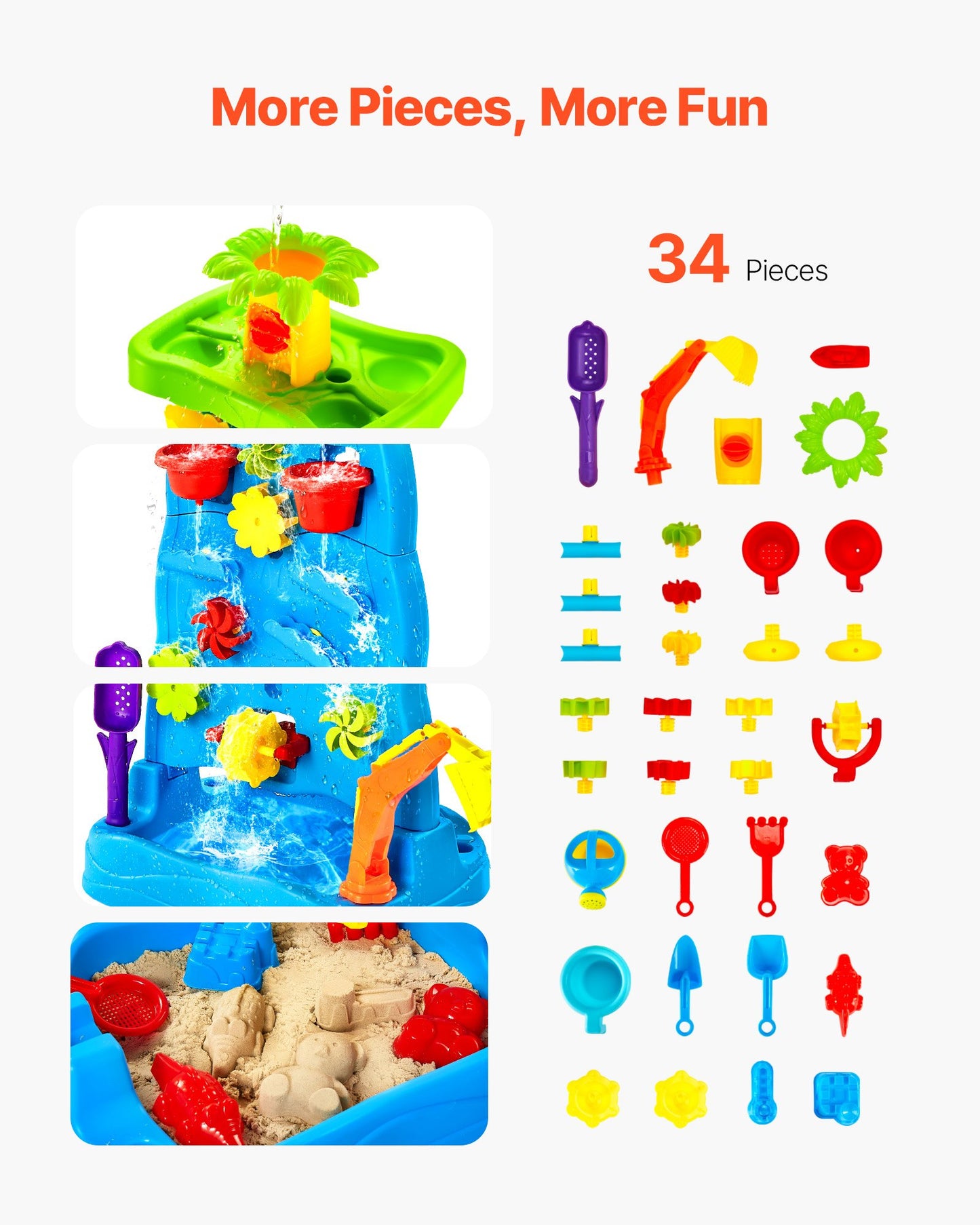 Sand and Water Table for Toddlers, Double-Sided Kids Activity Waterfall Playset with 37PCS Accessories, Kids Activity Sensory Table, Outdoor Summer Sand Water Play Table for 3+ Years Boys Girls