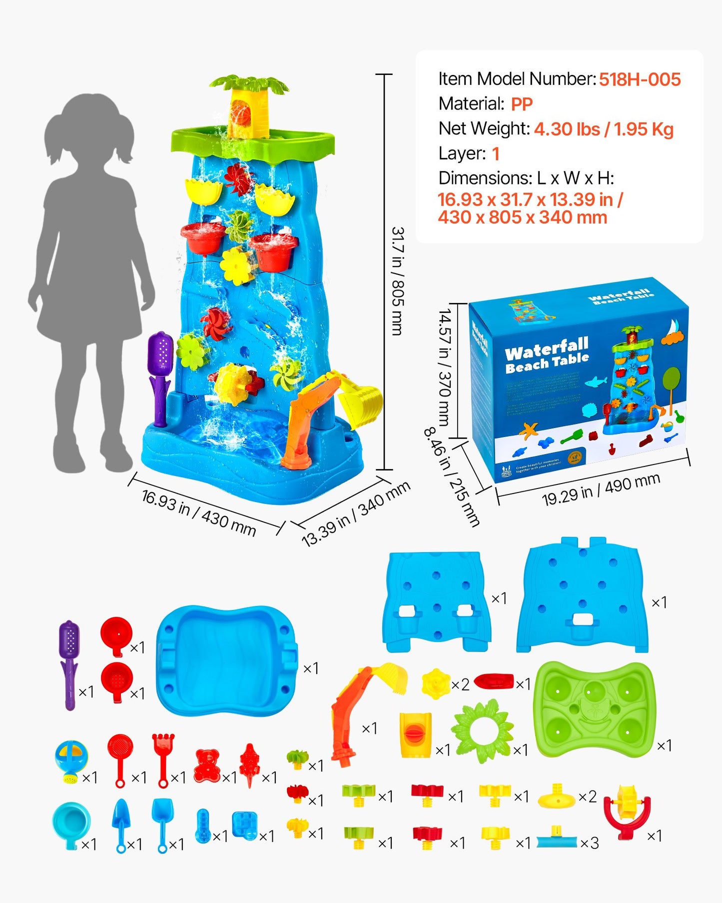 Sand and Water Table for Toddlers, Double-Sided Kids Activity Waterfall Playset with 37PCS Accessories, Kids Activity Sensory Table, Outdoor Summer Sand Water Play Table for 3+ Years Boys Girls